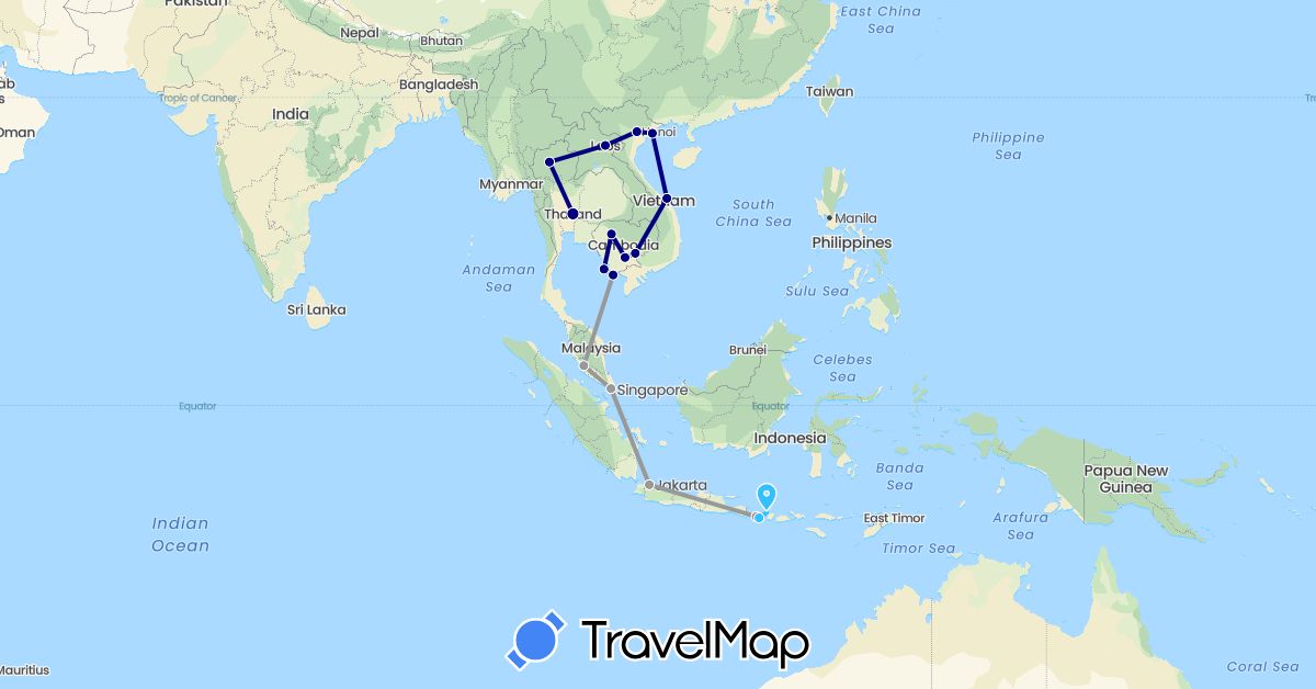 TravelMap itinerary: driving, plane, boat in Indonesia, Cambodia, Laos, Malaysia, Singapore, Thailand, Vietnam (Asia)